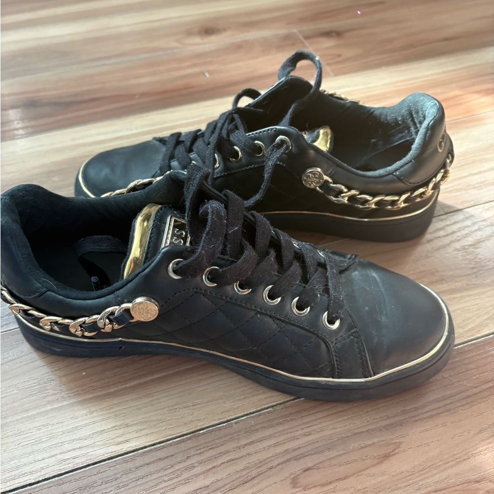 GUESS Black Quilted Sneakers with Gold Chain Trim